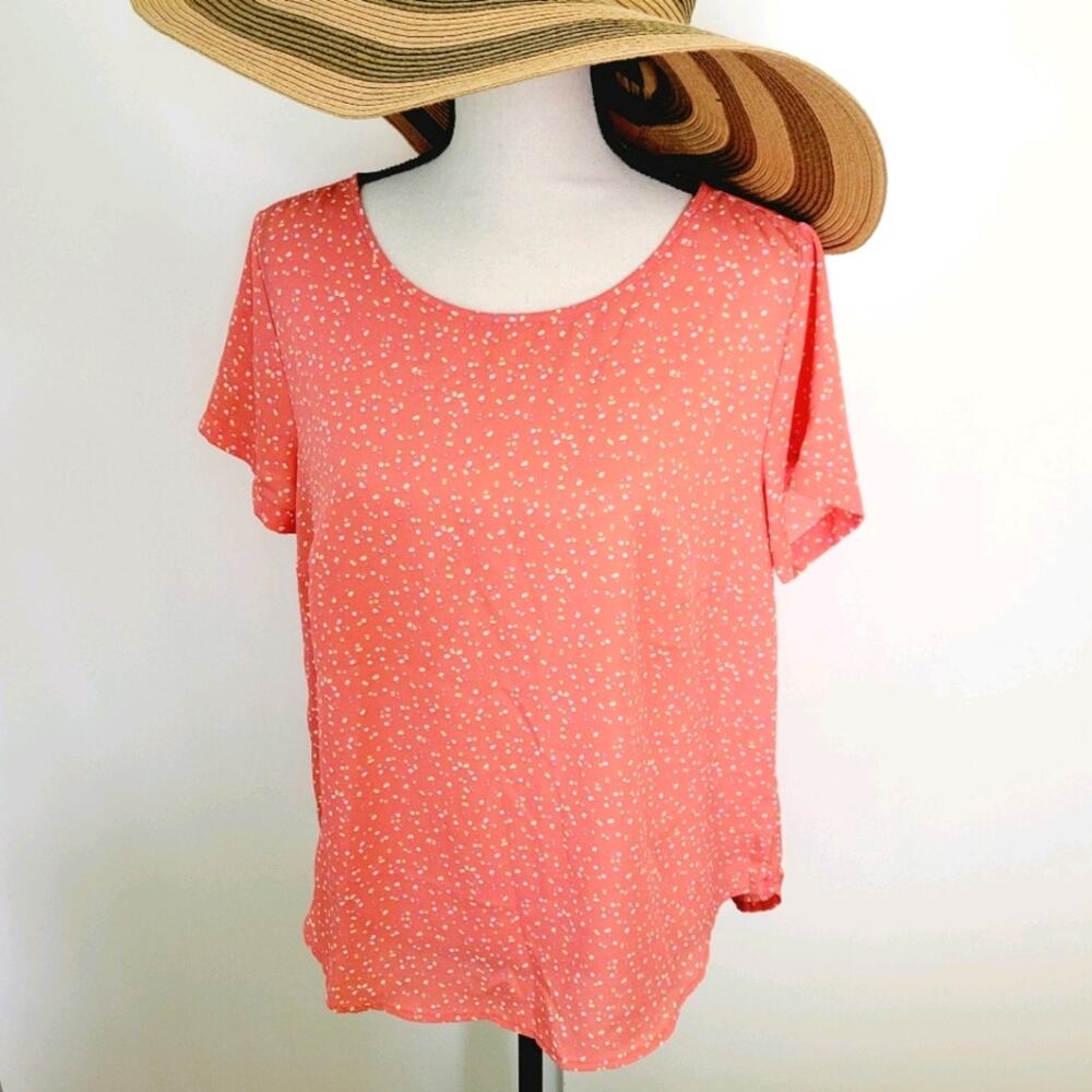 Simply Styled Orange Top  Sz L Basic Boxy Back Keyhole Blouse Dots Cottagecore